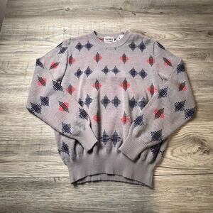 Van Cort Sweater‎ Mens XL Gray Red Navy Geometric Diamond Intarsia Vintage Knit